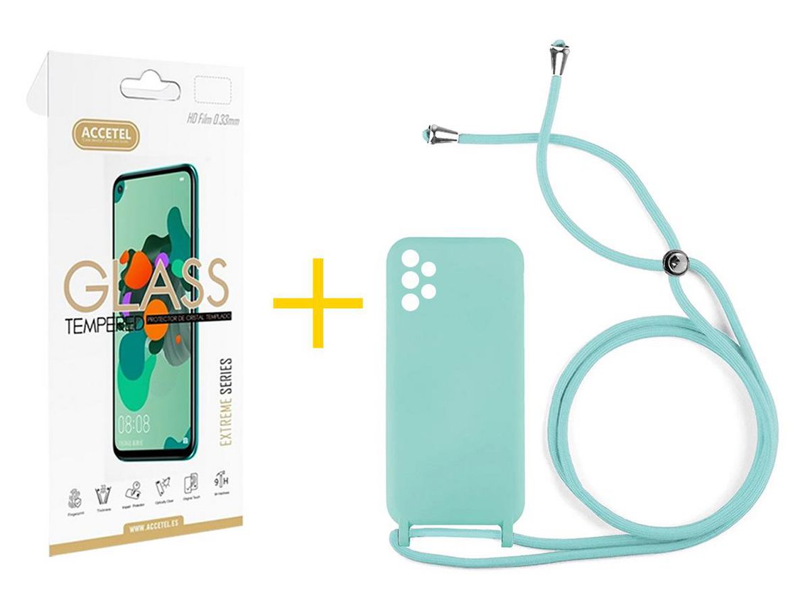 Pack 1 X Protector de Vidrio Templado 2.5D + Funda ACCETEL para Samsung Galaxy A72 5G Gel con Cordón Agua Verde