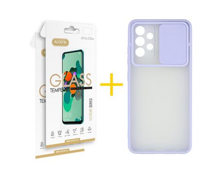 Pack 2 X Protector de Vidrio Templado 2.5D + Funda ACCETEL para Samsung Galaxy A32 4G Gel Protección Cámara Violeta