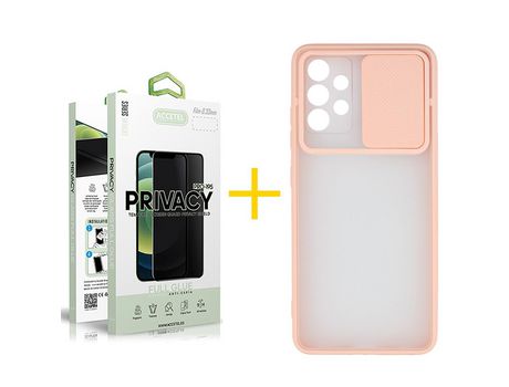 Pack 1 X Protector de Vidrio Templado Anti espía + Funda ACCETEL para Samsung Galaxy A52 S 5G Gel Protección Cámara Rosa