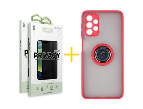 Pack 2 X Protector de Vidrio Templado Anti espía + Funda ACCETEL para Samsung Galaxy A32 4G Gel Bumper con Anillo Rojo