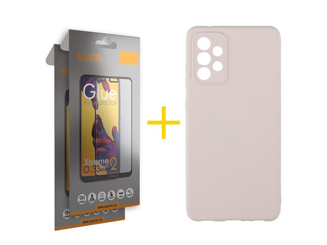 Pack 2 X Protector de Vidrio Templado Full + Funda ACCETEL para Samsung Galaxy A53 5G Silicona Líquida Rosa