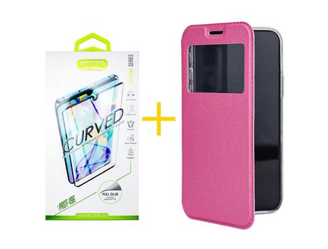 Pack 1 X Protector de Vidrio Templado Curvado + Funda ACCETEL para Samsung Galaxy S20 Plus 5G Flip Cover Gandy Rosa