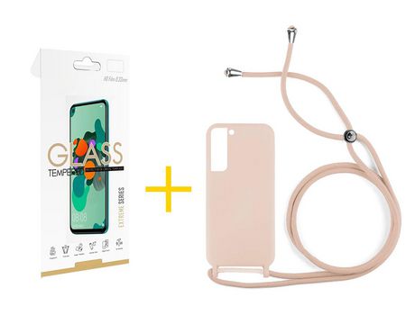 Pack 1 Película 2.5D + Funda SKYHE para Samsung Galaxy S21 FE 5G Gel con Cordón Rosa Pastel