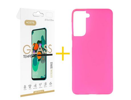 Pack 1 X Protector de Vidrio Templado 2.5D + Funda ACCETEL para Samsung Galaxy S21 FE 5G Silicona Liso Rosa