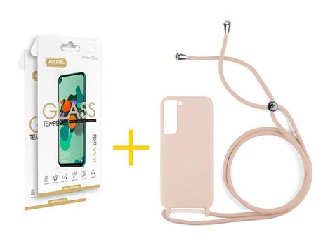 Pack 2 X Protector de Vidrio Templado 2.5D + Funda ACCETEL para Samsung Galaxy S21 FE 5G Gel con Cordón Azul