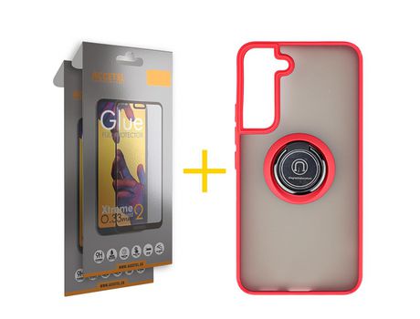 Pack 2 X Protector de Vidrio Templado Full + Funda ACCETEL para Samsung Galaxy S21 FE 5G Gel Bumper con Anillo Rojo