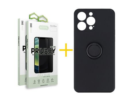 Pack 2 X Protector de Vidrio Templado Anti espía + Funda ACCETEL para iPhone 13 Pro Max Gel O-Ring Negro