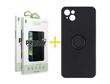 Pack 2 X Protector de Vidrio Templado Anti espía + Funda ACCETEL para iPhone 13 Gel O-Ring Negro