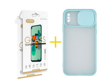 Pack 2 X Protector de Vidrio Templado 2.5D + Funda ACCETEL para iPhone XS Max Gel Protección Cámara Verde-Mar