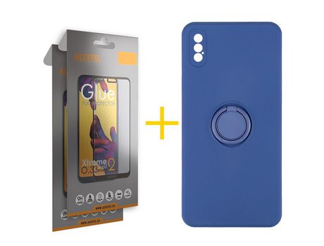 Pack 2 X Protector de Vidrio Templado Full + Funda ACCETEL para iPhone XS Max Gel O-Ring Azul