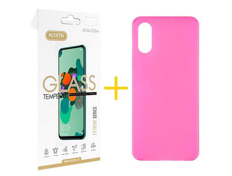 Pack 1 X Protector de Vidrio Templado 2.5D + Funda ACCETEL para iPhone XS Max Silicona Liso Rosa