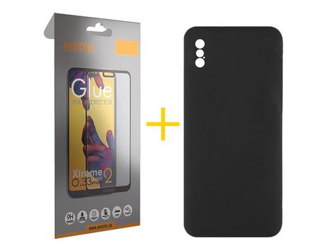 Pack 1 X Protector de Vidrio Templado Full + Funda ACCETEL para iPhone X / XS Silicona Líquida Negro