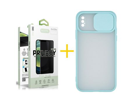 Pack 1 X Protector de Vidrio Templado Anti espía + Funda ACCETEL para iPhone XS Max Gel Protección Cámara Verde-Mar