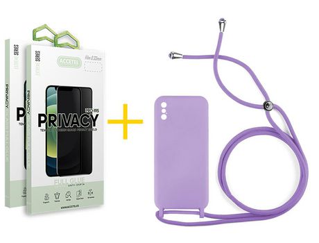 Pack 2 X Protector de Vidrio Templado Anti espía + Funda ACCETEL para iPhone XS Max Gel con Cordón Violeta