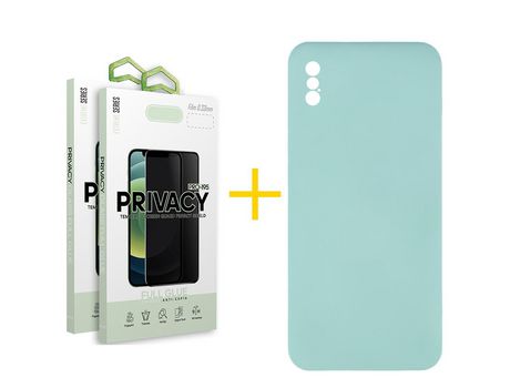 Pack 2 Películas Antiespía + Funda SKYHE por Apple iPhone XS Max Silicona Líquida Verde-Água