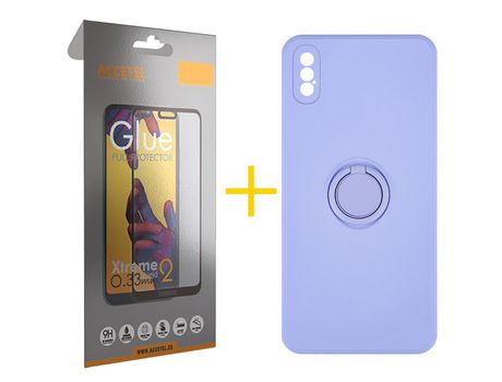 Pack 1 X Protector de Vidrio Templado Full + Funda ACCETEL para iPhone XS Max Gel O-Ring Morado