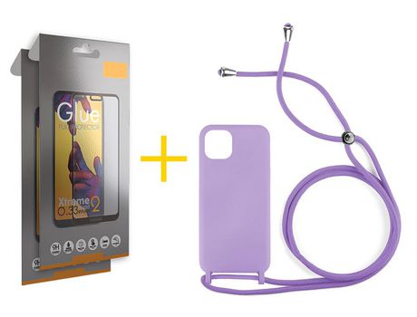 Pack 2 Películas Full + Funda SKYHE por Apple iPhone 11 Pro Max Gel con Cordon Violeta