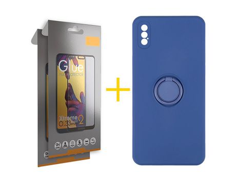 Pack 2 Películas Full + Funda SKYHE por Apple iPhone XS Max Gel O-Ring Azul