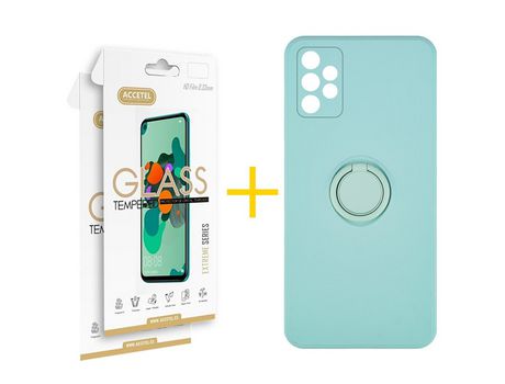 Pack 2 X Protector de Vidrio Templado 2.5D + Funda ACCETEL para Samsung Galaxy A52 5G Gel O-Ring Verde-Agua
