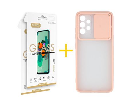Pack 2 X Protector de Vidrio Templado 2.5D + Funda ACCETEL para Samsung Galaxy A52 5G Gel Protección Cámara Rosa