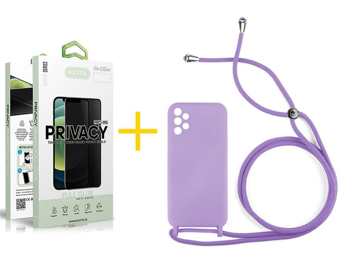 Pack 1 X Protector de Vidrio Templado Anti espía + Funda ACCETEL para Samsung Galaxy A13 4G Gel con Cordón Violeta