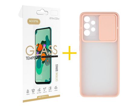 Pack 1 X Protector de Vidrio Templado 2.5D + Funda ACCETEL para Samsung Galaxy A52 5G Gel Protección Cámara Rosa