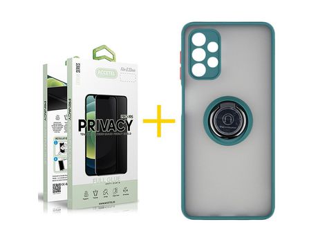 Pack 1 X Protector de Vidrio Templado Anti espía + Funda ACCETEL para Samsung Galaxy A32 4G Gel Bumper con Anillo Verde