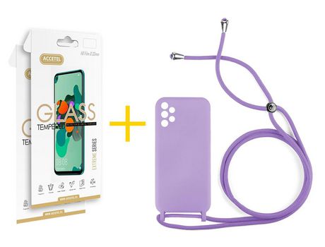 Pack 2 X Protector de Vidrio Templado 2.5D + Funda ACCETEL para Samsung Galaxy A72 5G Gel con Cordón Amarillo