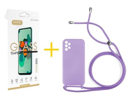 Pack 1 X Protector de Vidrio Templado 2.5D + Funda ACCETEL para Samsung Galaxy A72 5G Gel con Cordón Amarillo