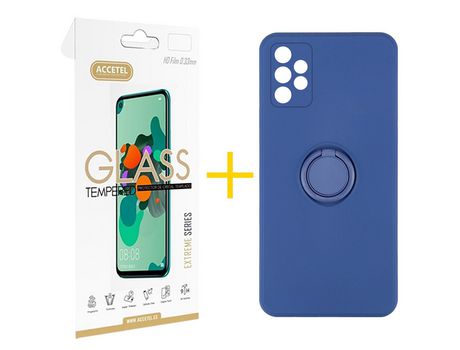 Pack 1 X Protector de Vidrio Templado 2.5D + Funda ACCETEL para Samsung Galaxy A52 S 5G Gel O-Ring Azul