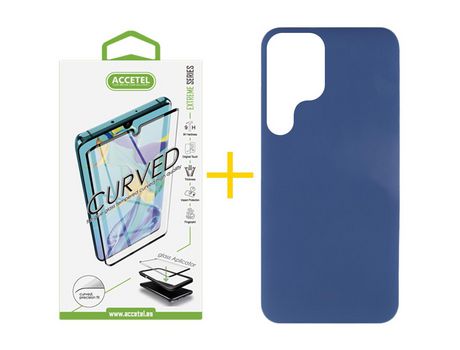 Pack 1 X Protector de Vidrio Templado Curvado + Funda para Samsung Galaxy S22 Ultra 5G Silicona Líquida Azul Oscuro