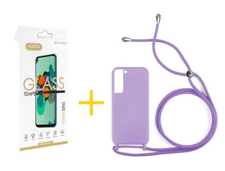 Pack 1 X Protector de Vidrio Templado 2.5D + Funda ACCETEL para Samsung Galaxy S21 FE 5G Gel con Cordón Lila