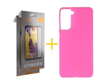Pack 2 X Protector de Vidrio Templado Full + Funda ACCETEL para Samsung Galaxy S21 FE 5G Silicona Liso Rojo