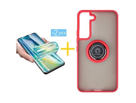 Pack 2 Películas + Funda SKYHE para Samsung Galaxy S21 FE 5G Gel Bumper con Anillo Rojo