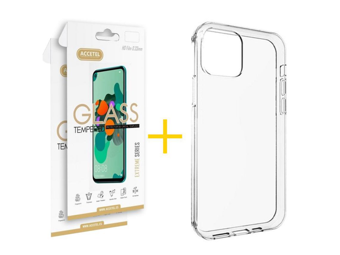 Pack 2 X Protector de Vidrio Templado 2.5D + Funda ACCETEL para iPhone 13 Mini Silicona Liso Transparente Clear