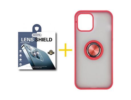Pack 1 X Protector de Cámara Trasera + Funda ACCETEL para iPhone 13 Pro Gel Bumper con Anillo Rojo