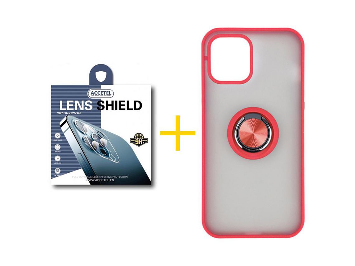 Pack 1 X Protector de Cámara Trasera + Funda ACCETEL para iPhone 13 Pro Gel Bumper con Anillo Rojo