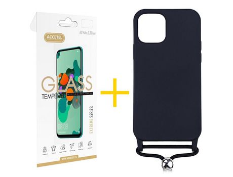Pack 1 X Protector de Vidrio Templado 2.5D + Funda ACCETEL para iPhone 13 Mini Gel con Cordón Negro
