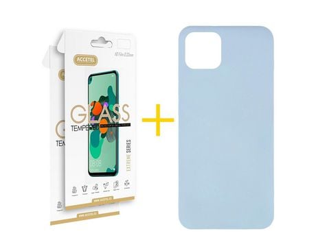 Pack 2 x Protector de Vidrio Templado 2.5D + Funda ACCETEL para iPhone 12 Silicona Líquida Azul Claro