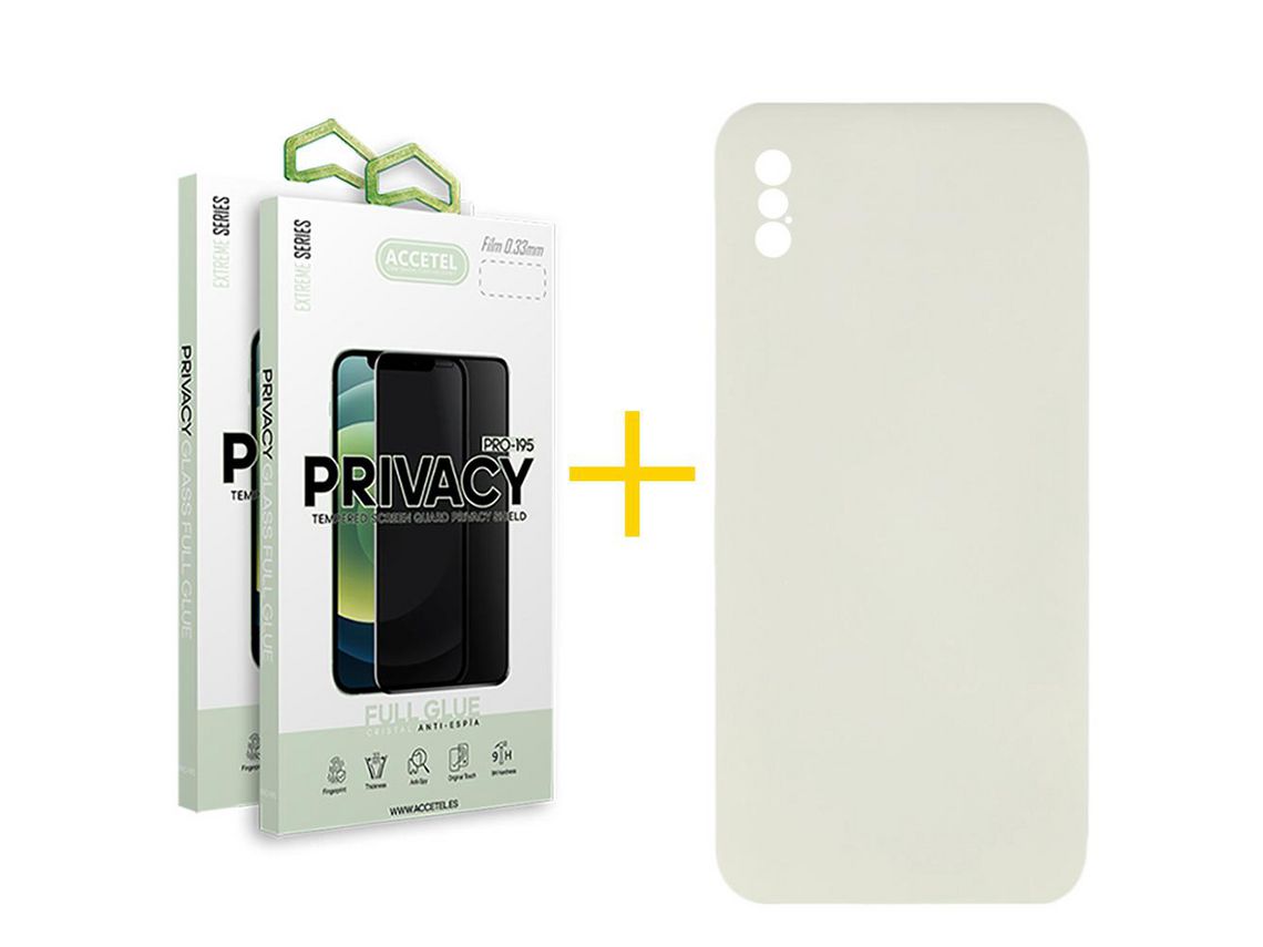 Pack 2 X Protector de Vidrio Templado Anti espía + Funda ACCETEL para iPhone XS Max Silicona Líquida Arena
