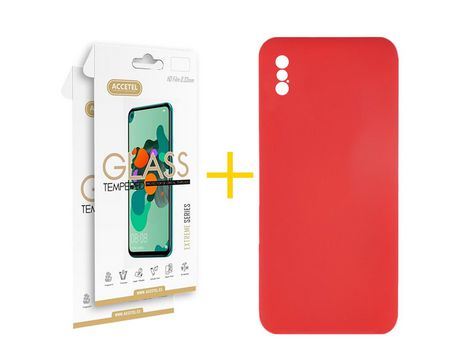 Pack 2 X Protector de Vidrio Templado 2.5D + Funda ACCETEL para iPhone X / XS Silicona Líquida Rojo