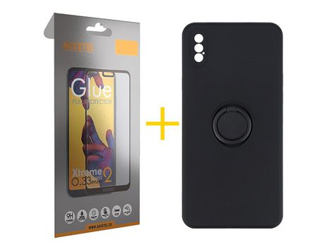 Pack 1 X Protector de Vidrio Templado Full + Funda ACCETEL para iPhone X / XS Gel O-Ring Negro