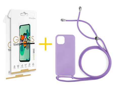 Pack 2 Películas 2.5D + Funda SKYHE por Apple iPhone 11 Pro Max Gel con Cordon Violeta
