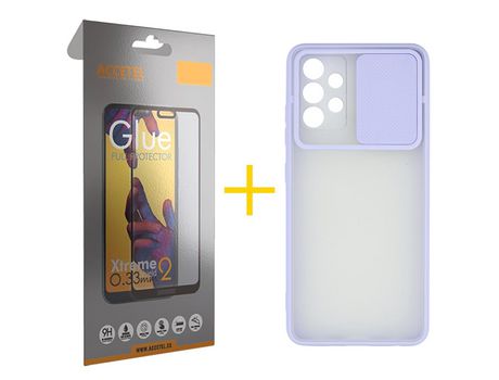 Pack 1 X Protector de Vidrio Templado Full + Funda ACCETEL para Samsung Galaxy A52 5G Gel Protección Cámara Violeta