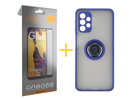 Pack 1 X Protector de Vidrio Templado Full + Funda ACCETEL para Samsung Galaxy A52 S 5G Gel Bumper con Anillo Azul