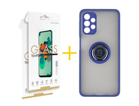 Pack 2 Películas 2.5D + Funda SKYHE por Samsung Galaxy A32 5G Gel Bumper con Anillo Azul