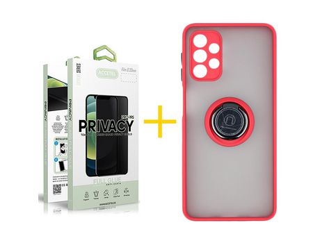Pack 1 X Protector de Vidrio Templado Anti espía + Funda ACCETEL para Samsung Galaxy A32 4G Gel Bumper con Anillo Rojo