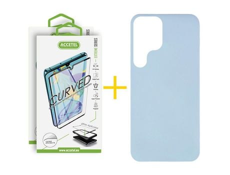 Pack 2 X Protector de Vidrio Templado Curvado + Funda para Samsung Galaxy S22 Ultra 5G Silicona Líquida Azul Claro