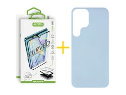 Pack 2 X Protector de Vidrio Templado Curvado + Funda para Samsung Galaxy S22 Ultra 5G Silicona Líquida Azul Claro