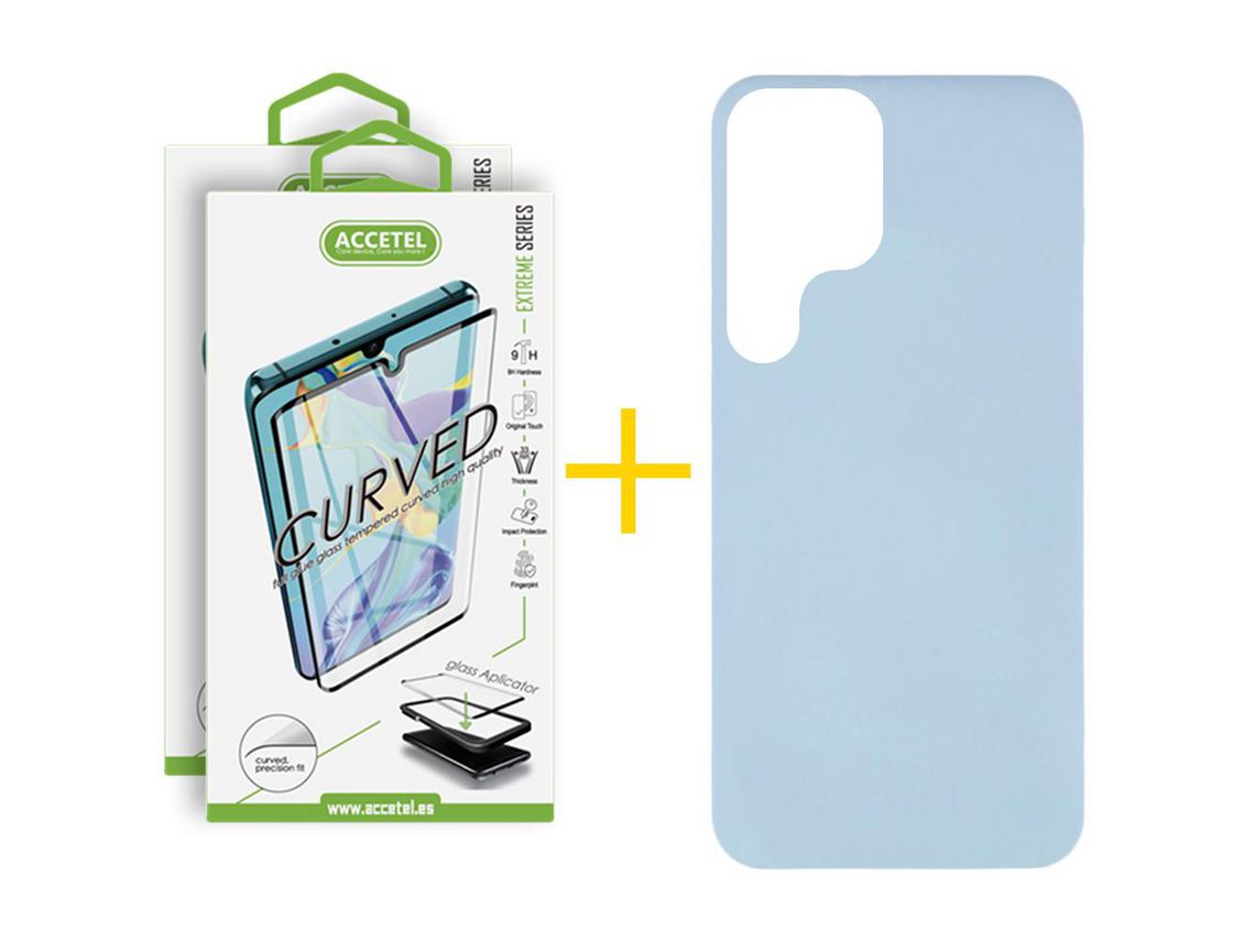 Pack 2 X Protector de Vidrio Templado Curvado + Funda para Samsung Galaxy S22 Ultra 5G Silicona Líquida Azul Claro